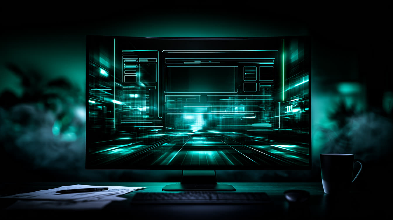 Website wireframe glowing emerald on a monitor in a dark studio