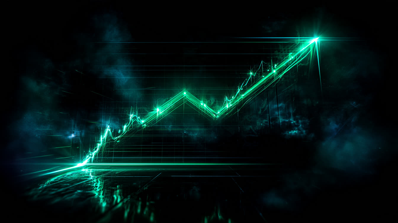 An emerald growth line rising across dark glass