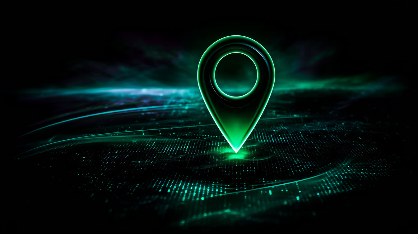 A single emerald map pin standing out on a dark field of dots
